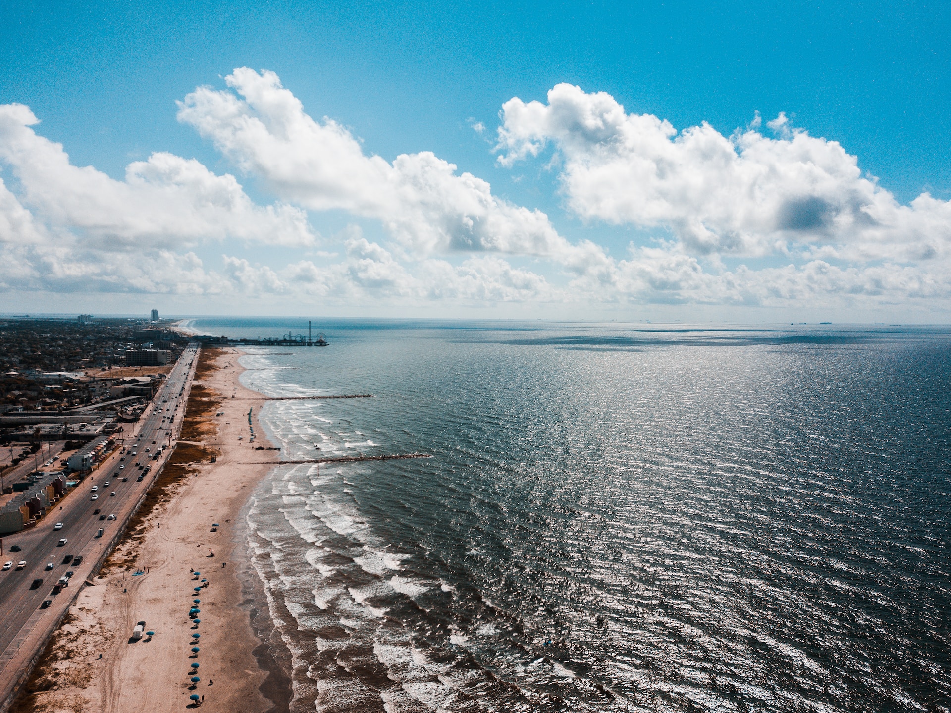 galveston, tx beach drone shot